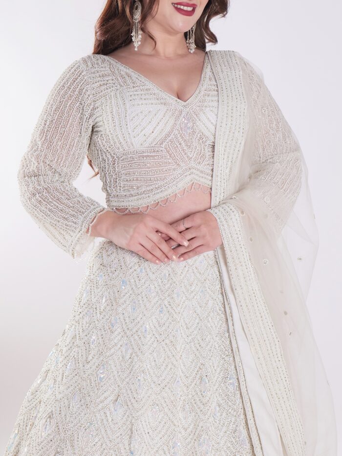 Net Embroidered White Intricately Beaded Party Wear Luxury Lehenga Set - Image 6