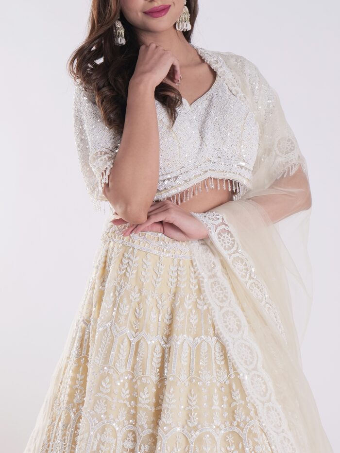 Net Embordered White and Cream Intricately Beaded Party Wear Luxury Lehenga Set - Image 6