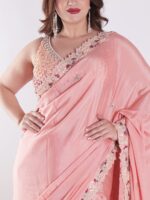 Peach Colored Party Wear Saree With Intricate Sleeveless Blouse - Image 6