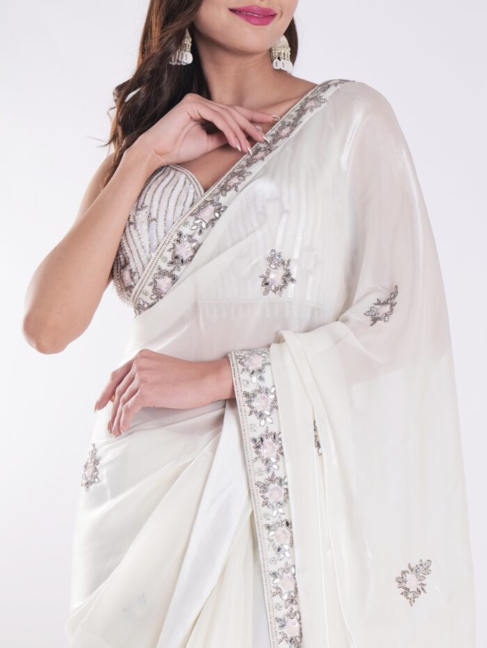 White Party Wear Saree With Silver Embroidery - Image 6