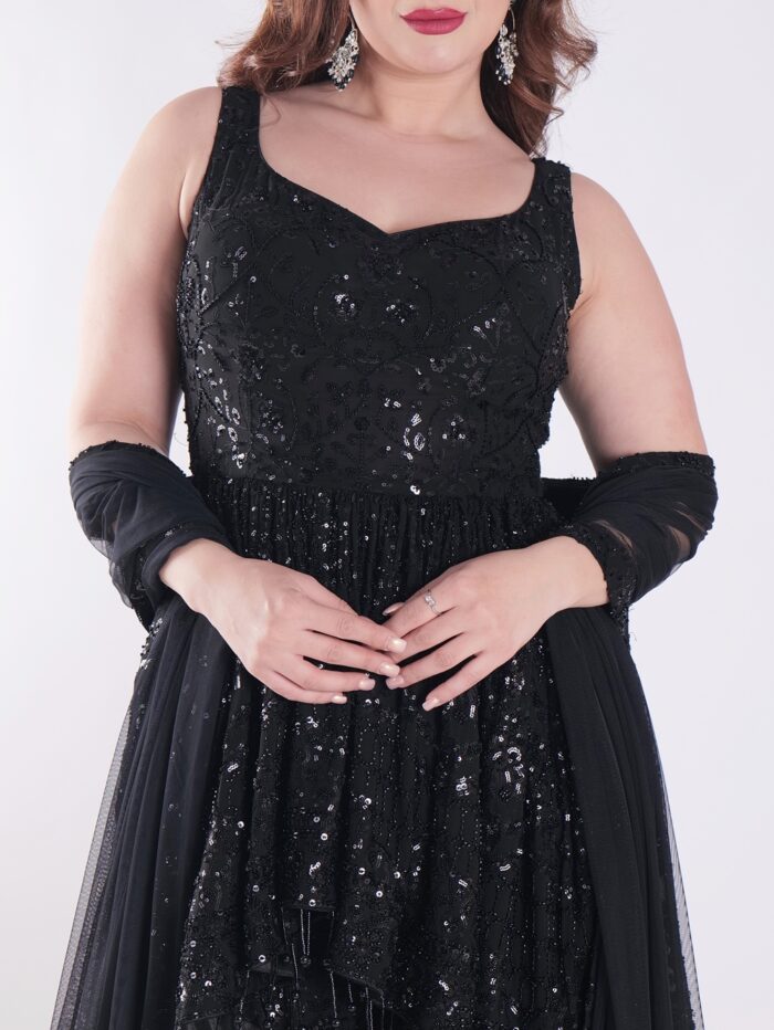 Black Sequined Outfit Peplum Top With Bell Bottom Sharara Suit - Image 6