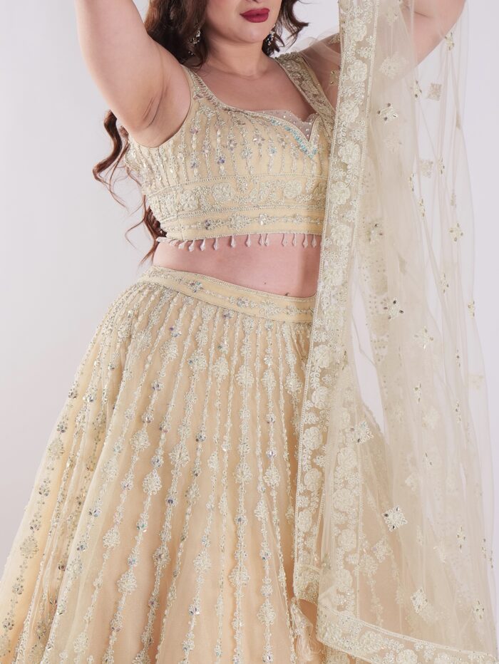 Cream Colored Intricately Embroidered Designer Lehenga Choli Set - Image 6