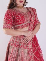 Heavily Embellished With Sequins And Pearls Crimson Red Embroidered Silk Exclusive Bridal Lehenga Set - Image 6