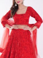Backdrop Adorned In A Vibrant Red Party Wear Lehenga Choli Set - Image 6