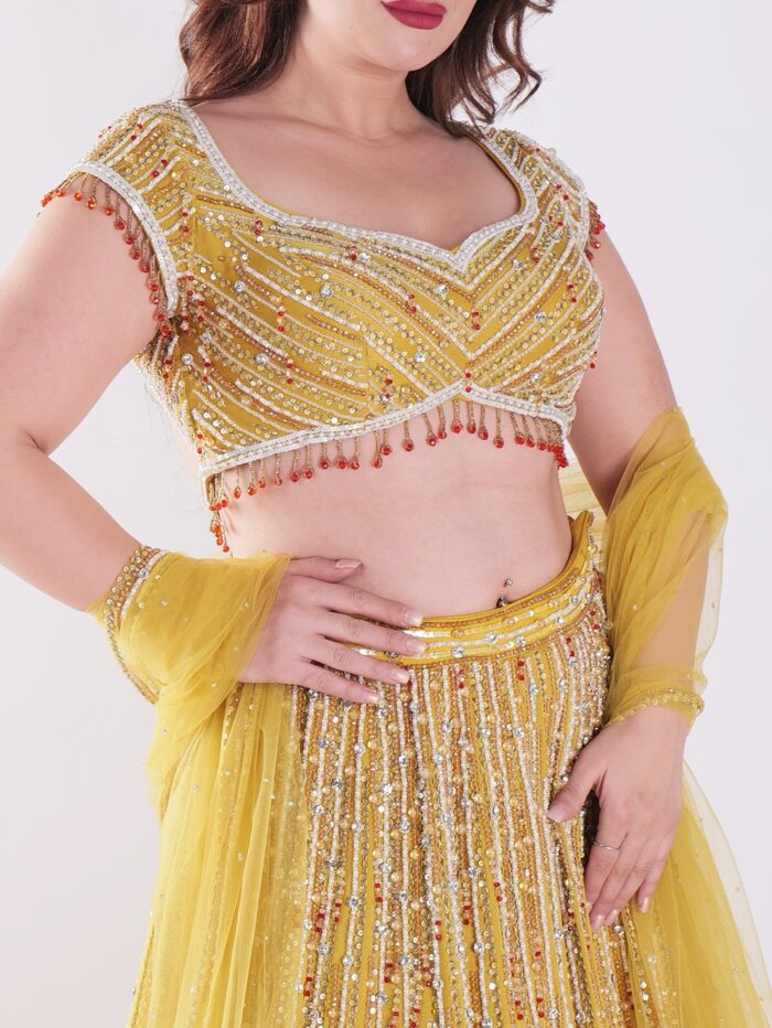 Stunning Mustard Yellow Backless Party Wear Lehenga Choli Set - Image 6