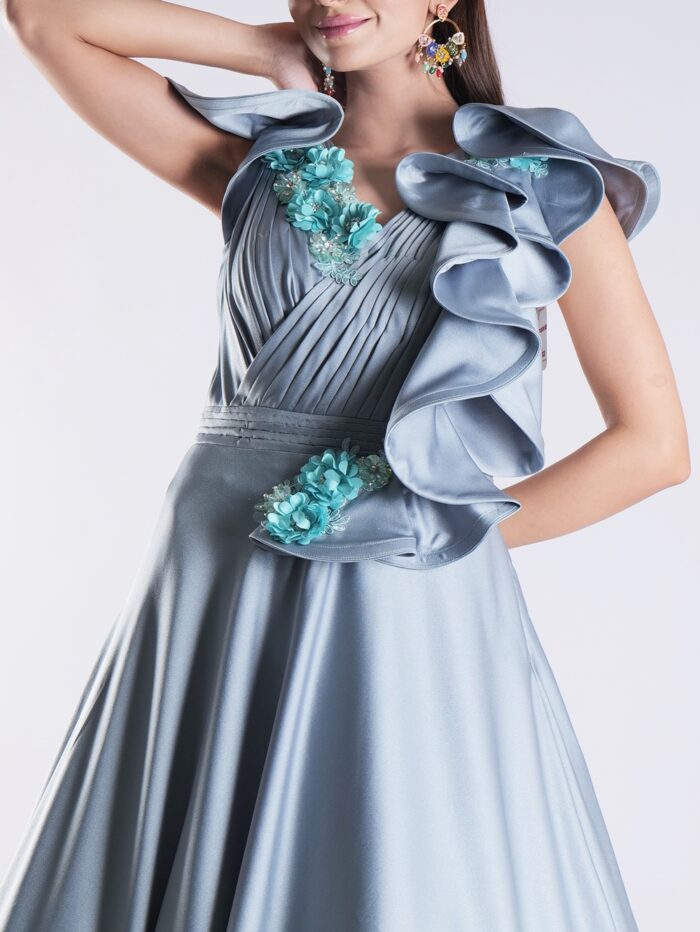 Elegant Sky Blue Designer Gown with Ruffle Detailing and Floral Embellishments - Image 6