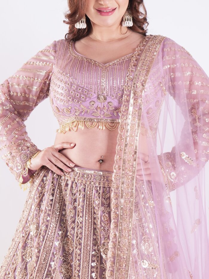 Adorned With Intricate Embroidery And Sequins Light Lavender Bridal Wedding Lehenga Set - Image 6