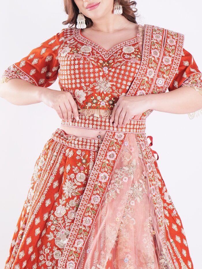 Vibrant Orange Adorned In A Stunning Traditional Indian Bridal Outfit Engagement Luxury Lehenga Set - Image 6
