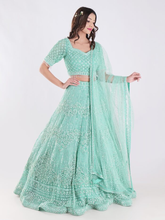 Stunning Mint Green Intricate Embroidery With Silver Sequins And Beads Shimmering Effect Bridal Lehenga Set - Image 7
