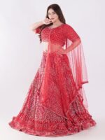 Stunning Red and Silver Intricate Embroidery With Silver Sequins And Beads Shimmering Effect Bridal Lehenga Set - Image 7