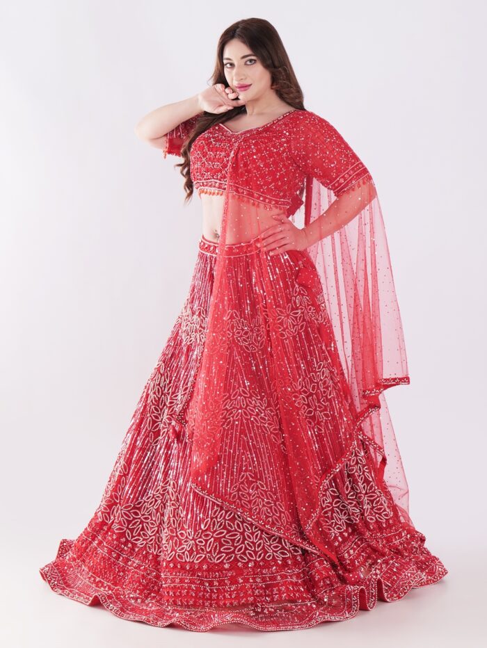 Stunning Red and Silver Intricate Embroidery With Silver Sequins And Beads Shimmering Effect Bridal Lehenga Set - Image 7