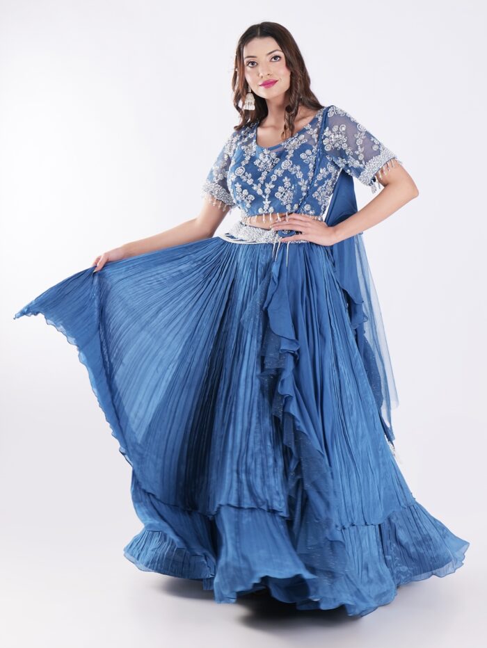 Beautiful Blue Outfit Adorned With Intricate Silver Embroidered  Indo Western Lehenga Set - Image 7