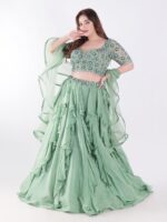 Sage Green With Intricate Silver And Emerald Green Embellishments Ruffled Lehenga Set - Image 7