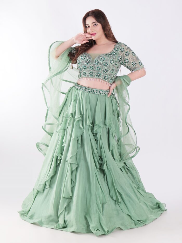 Sage Green With Intricate Silver And Emerald Green Embellishments Ruffled Lehenga Set - Image 7