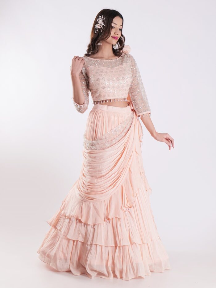 Beautiful Peach Colored Embroidered Crop Top Outfit Ruffle Drape Lehenga Set - Image 7