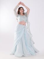 Beautiful Light Blue Flowing With A Delicate Embellished Bodice Indowestern Lehenga Choli Set - Image 7