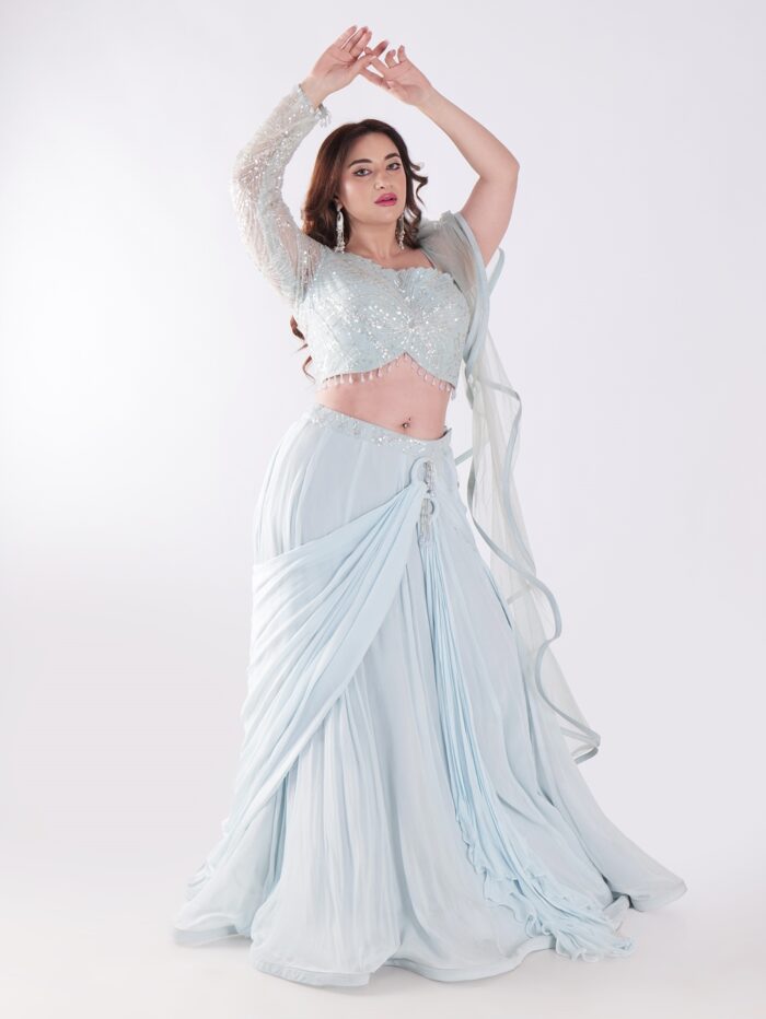 Beautiful Light Blue Flowing With A Delicate Embellished Bodice Indowestern Lehenga Choli Set - Image 7
