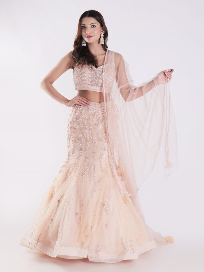Elevate Your Ethnic Wardrobe With Our Peach Colored Cocktail Fish Cut Style Lehenga Set - Image 7