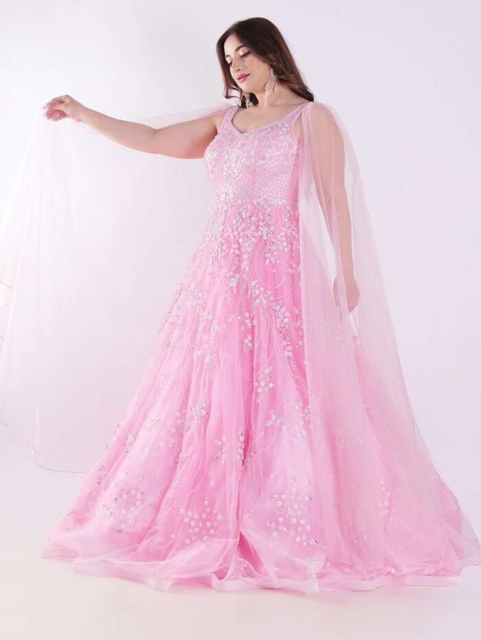 Delicate Floral Pattern And Shimmering Embellishments Pink Color Party Wear Gown - Image 7