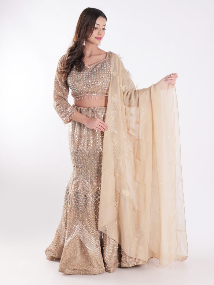 Sparkling Gold And Silver Outfit Covered In Sequins And Beads Cocktail Fish Cut Lehenga Set - Image 7
