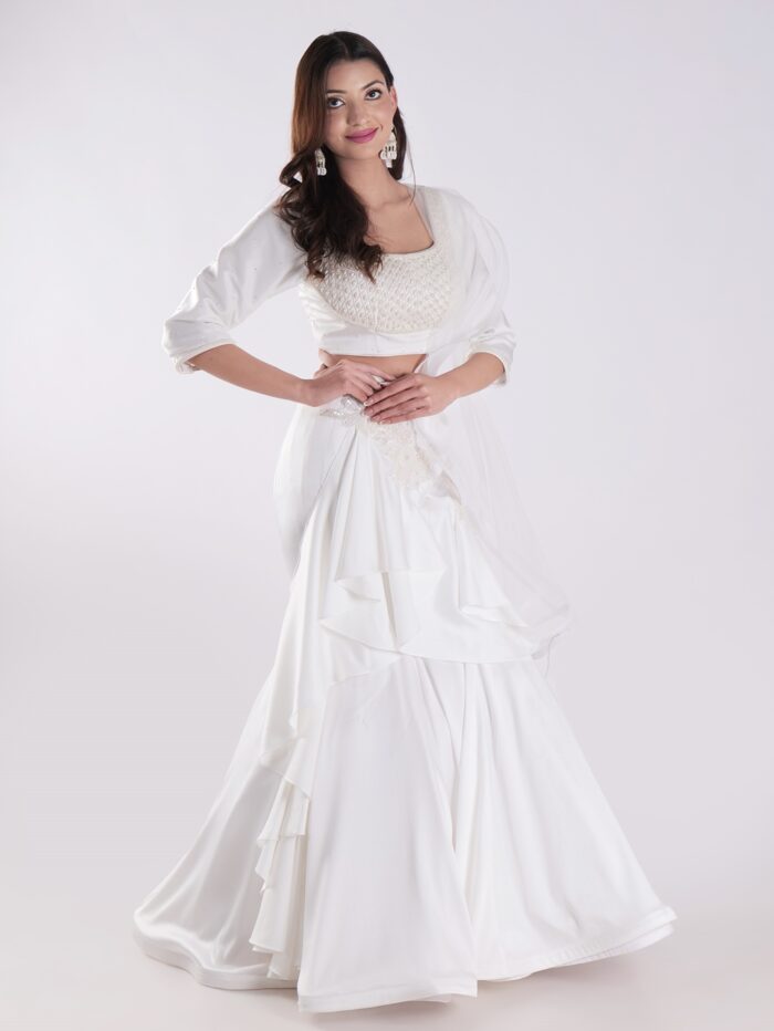 White Flowing Intricate Layers Of Ruffles Dramatic And Elegant Silhouette Cocktail Lehenga Set - Image 7