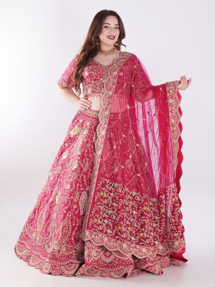 Delicate Floral Patterns And Shimmering Sequins With Hand Embroidery Red Bridal Lehenga Set - Image 7