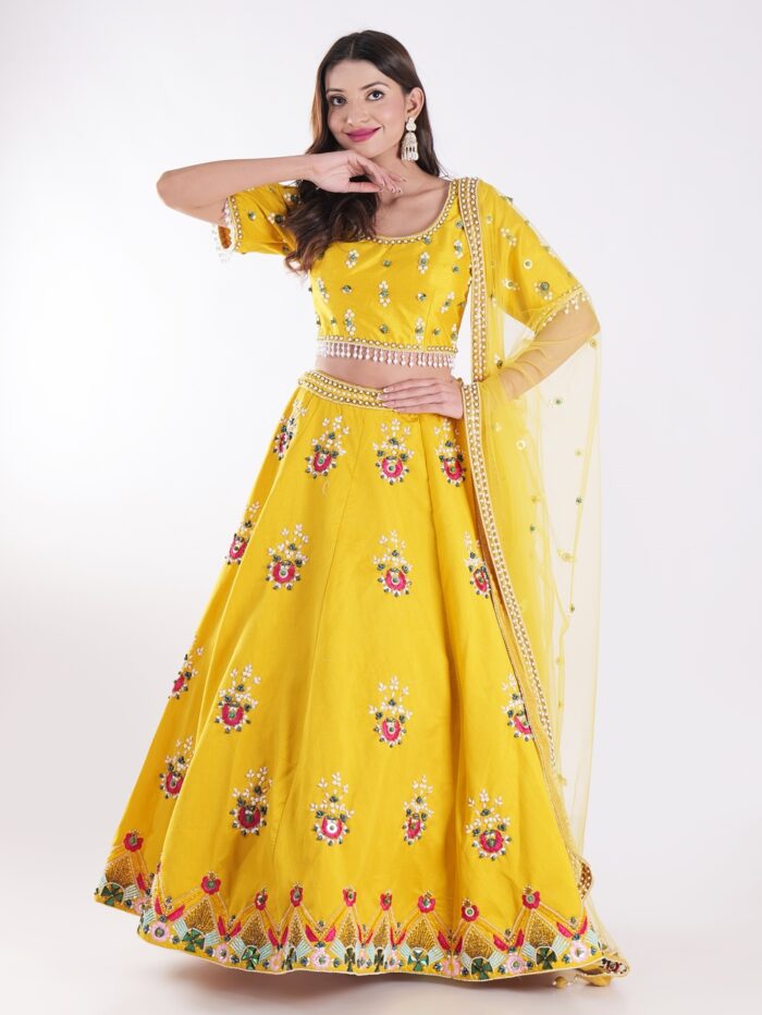 Vibrant Yellow Round Neckline And Short Sleeves Mehandi Designer Lehenga Set - Image 7