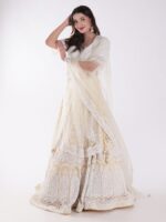 Net Embordered White and Cream Intricately Beaded Party Wear Luxury Lehenga Set - Image 7