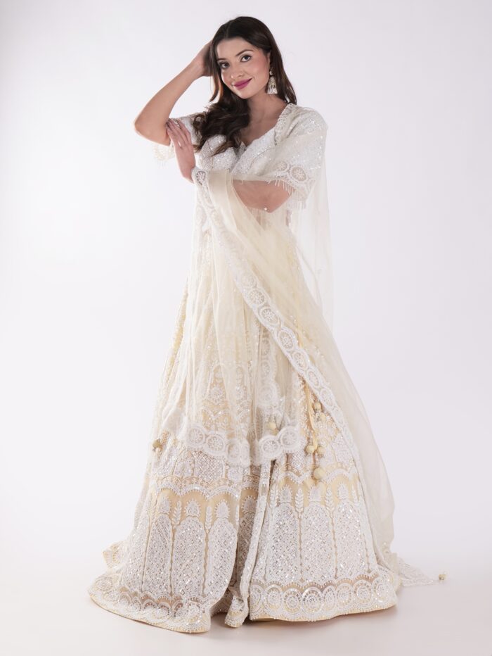 Net Embordered White and Cream Intricately Beaded Party Wear Luxury Lehenga Set - Image 7