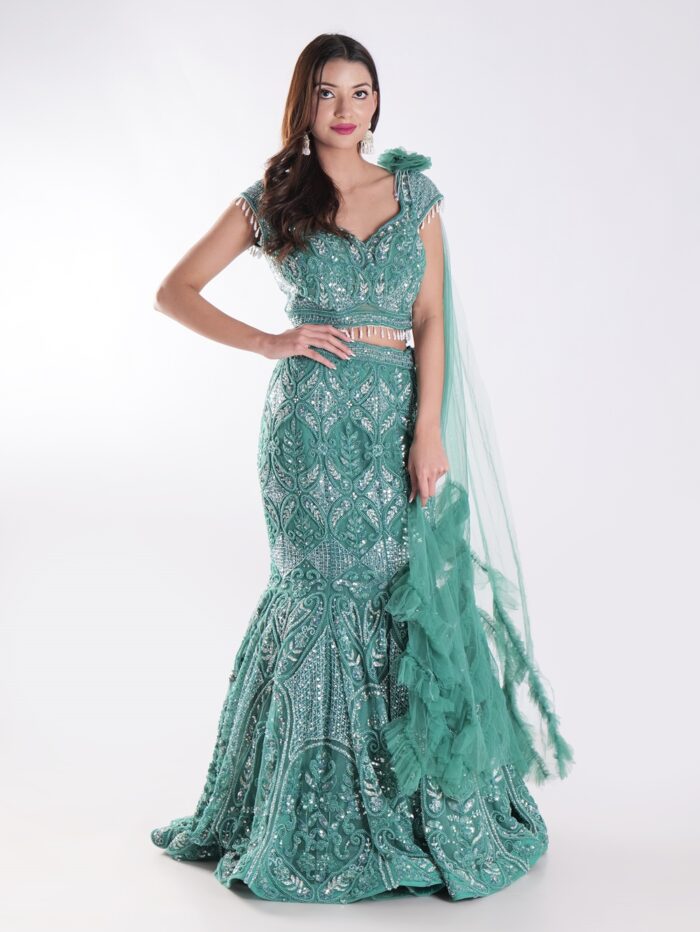 Teal Colored Cocktail Party Wear Fish Cut Style Lehenga Set - Image 7