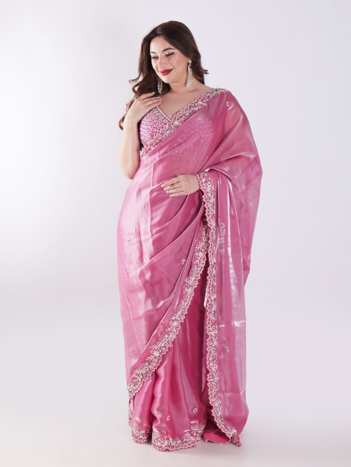 Beautiful Pink Saree With Intricate Silver Embroidery Party Wear Saree - Image 7