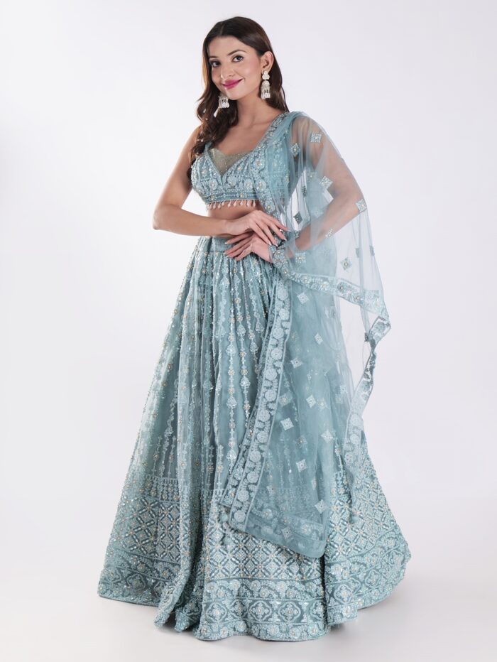 Beautiful Powder Blue Embroidered Party Wear Lehenga Set - Image 7