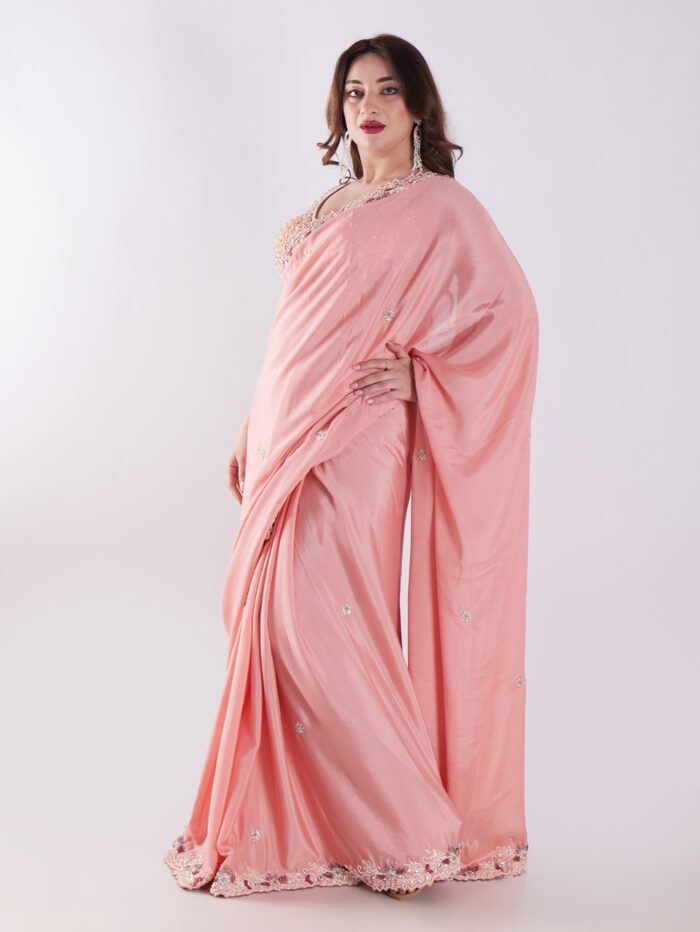 Peach Colored Party Wear Saree With Intricate Sleeveless Blouse - Image 7