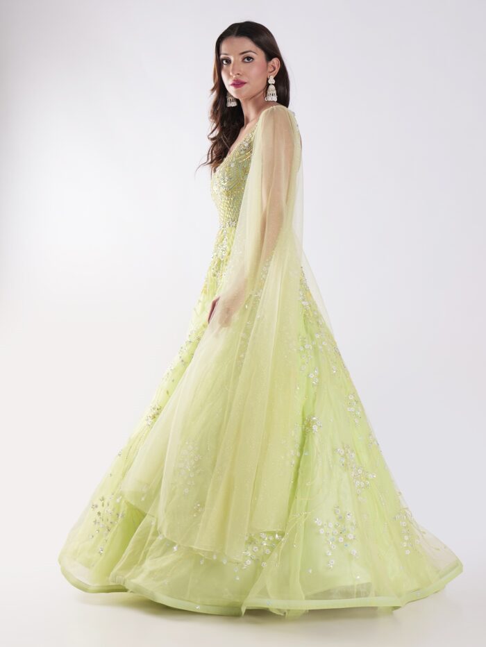 A Beautiful Light Green With Delicate Embroidery And Embellishment Cocktail Party Wear Gown - Image 7
