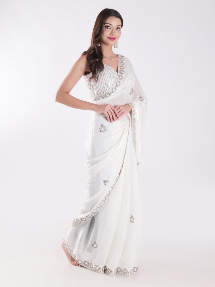 White Party Wear Saree With Silver Embroidery - Image 7