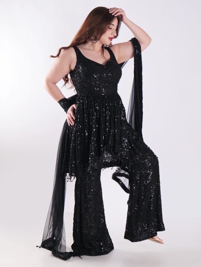 Black Sequined Outfit Peplum Top With Bell Bottom Sharara Suit - Image 7