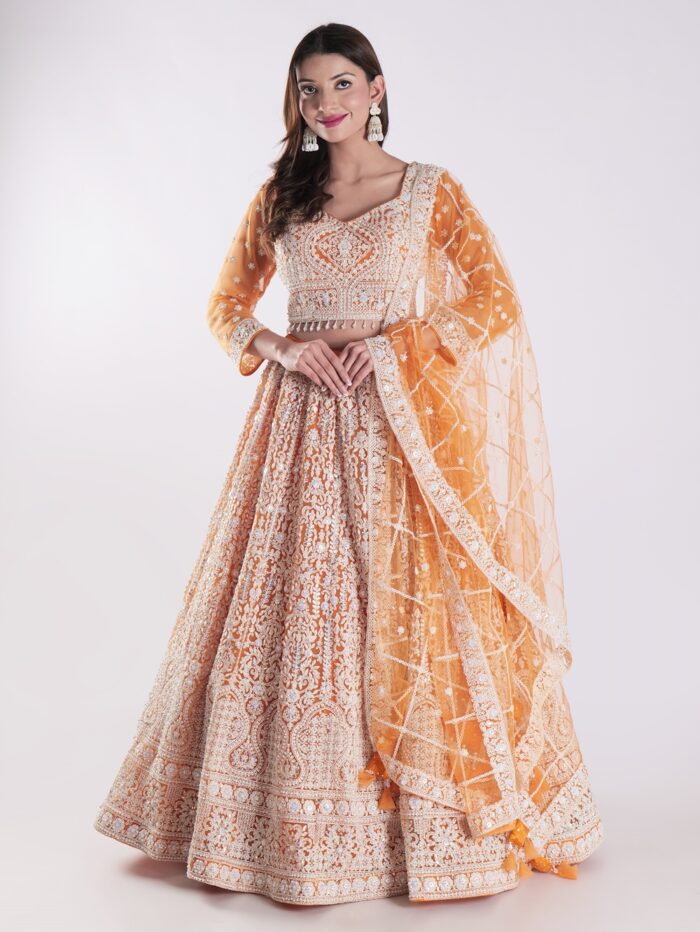 Beautiful Orange And White Designer Lehenga Choli Set - Image 7