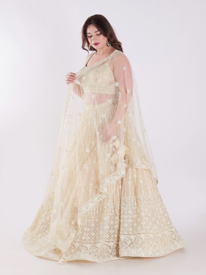 Cream Colored Intricately Embroidered Designer Lehenga Choli Set - Image 7
