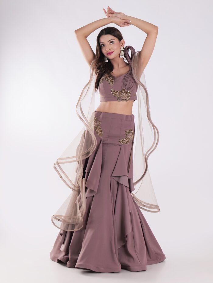 Sleeveless Crop Top With Intricate Gold Embroidery Skirt Cocktail Indowestern Lehenga Set - Image 7