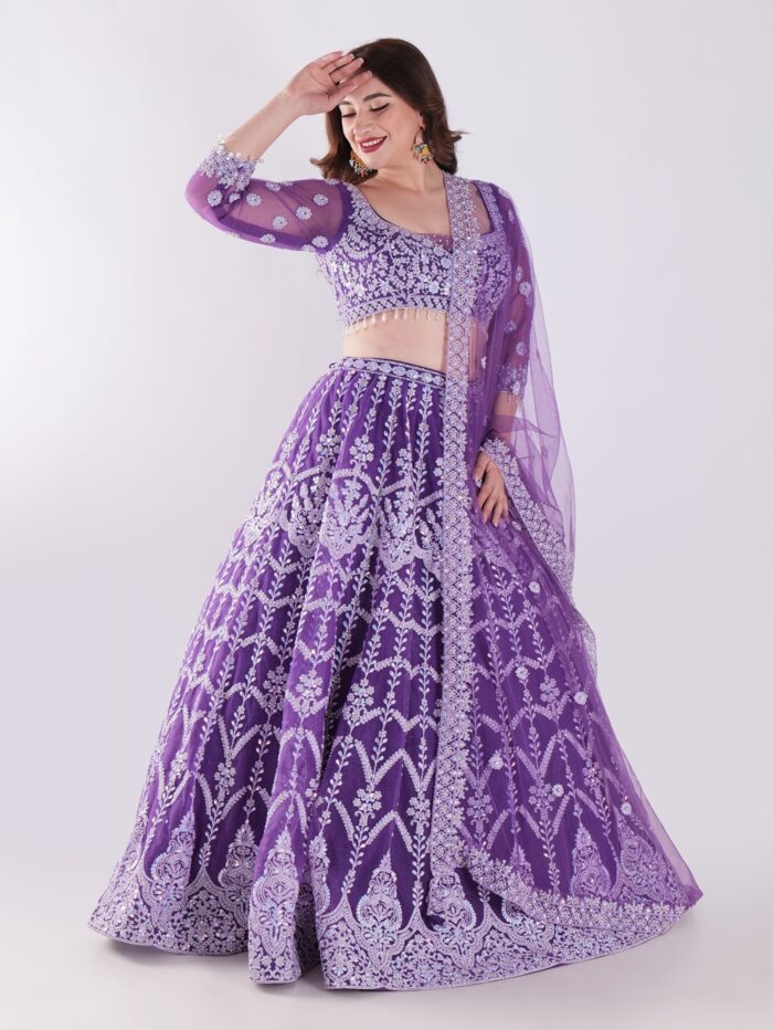 Stunning Lavender Purple Embroidered Net Lehenga Choli Set - Image 7