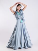 Elegant Sky Blue Designer Gown with Ruffle Detailing and Floral Embellishments - Image 7