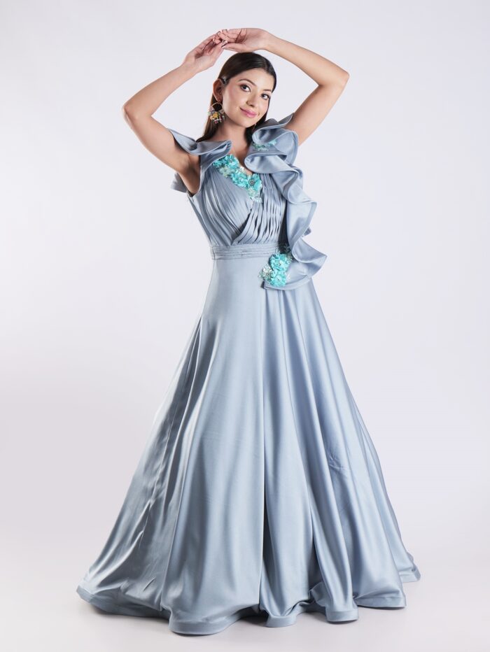 Elegant Sky Blue Designer Gown with Ruffle Detailing and Floral Embellishments - Image 7