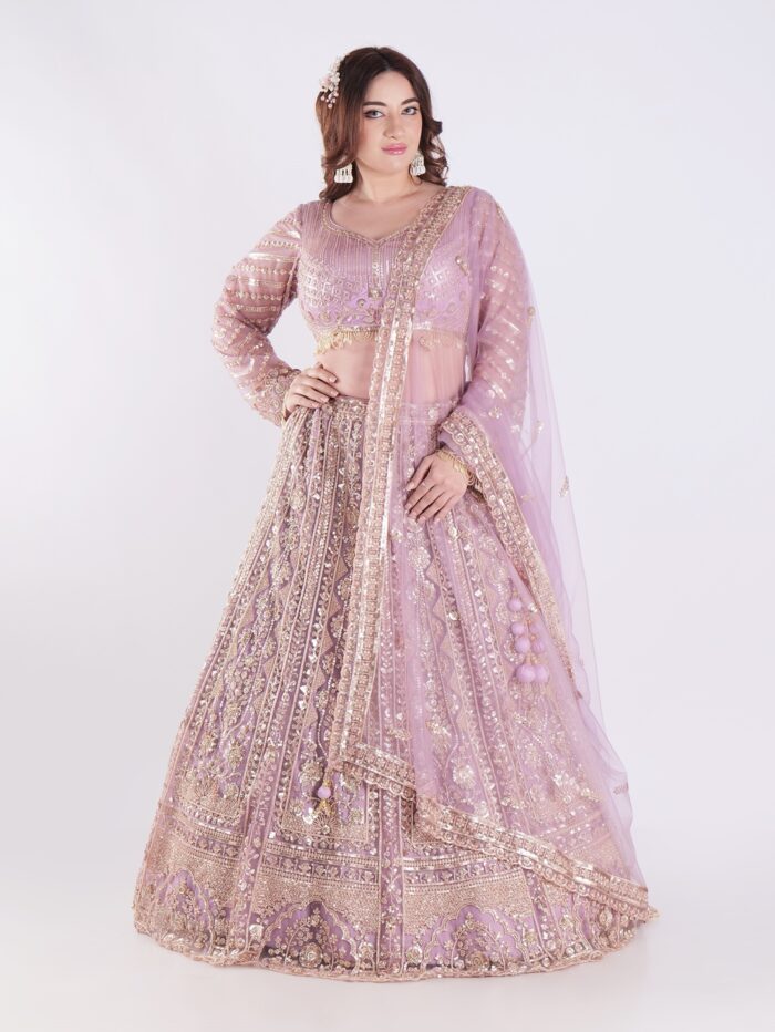 Adorned With Intricate Embroidery And Sequins Light Lavender Bridal Wedding Lehenga Set - Image 7