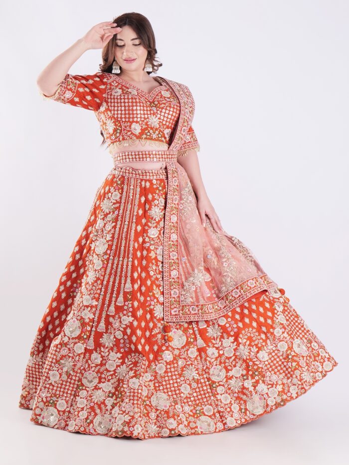 Vibrant Orange Adorned In A Stunning Traditional Indian Bridal Outfit Engagement Luxury Lehenga Set - Image 7