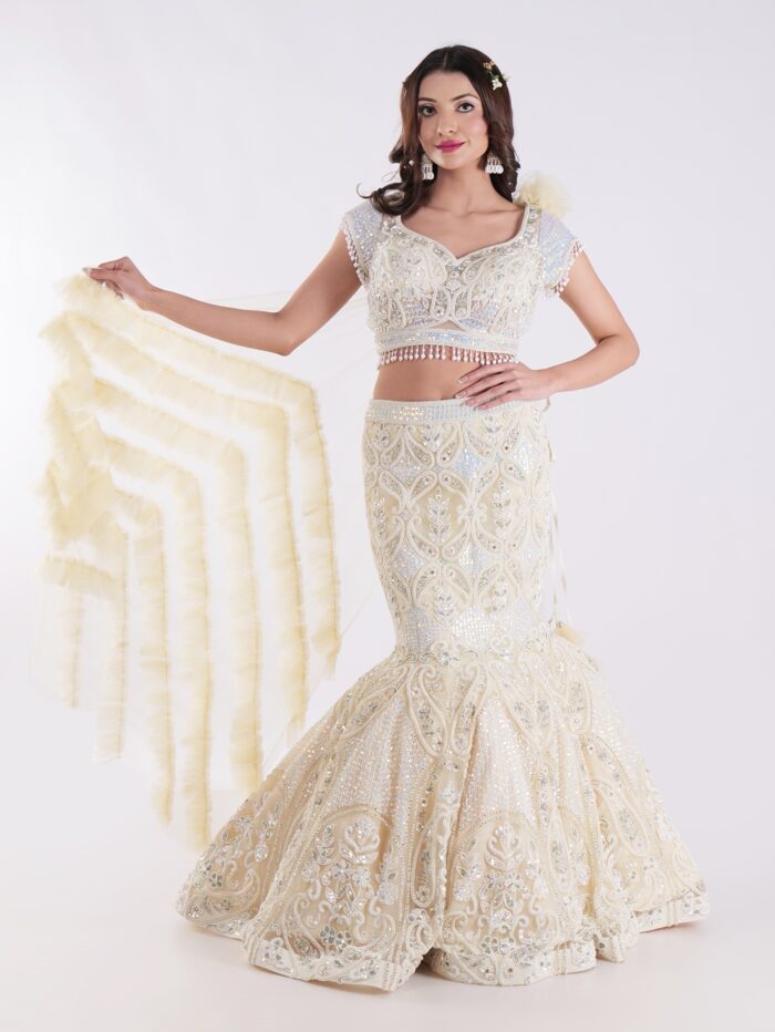 White And Cream Colored Heavily Embellished With A Sheer Dupatta Fish Cut Lehenga Set - Image 7